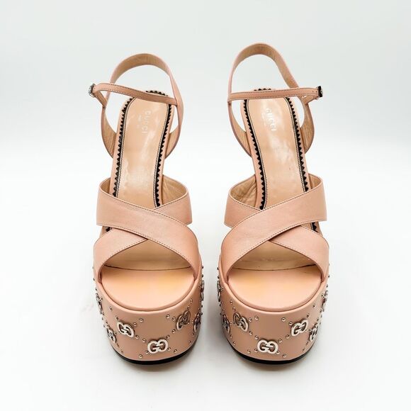 Gucci Janaya GG Studded Platform Sandals EU 40 US 10 Pink Leather High Heel - Picture 3 of 14